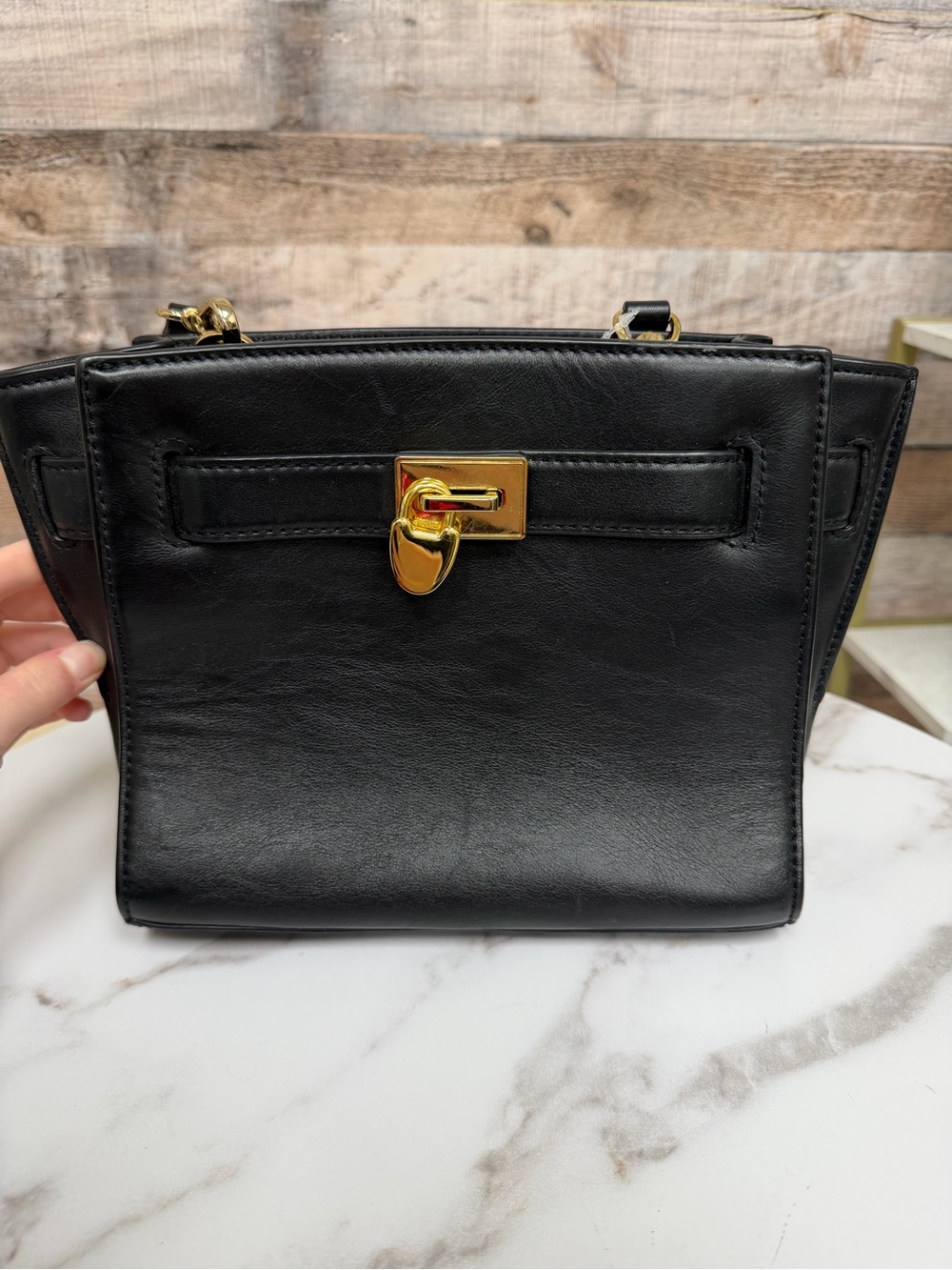 Michael Kors Black Leather w/Gold Locket Detail